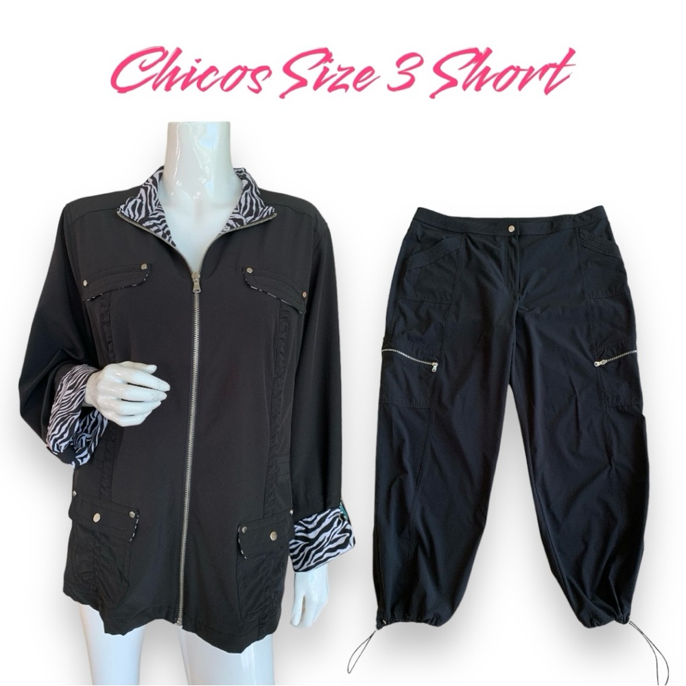 ZENERGY BY CHICO’S MATCHING 2 PIECE BLACK WARMUP JACKET & PANTS WOMEN SZ 3 LARGE